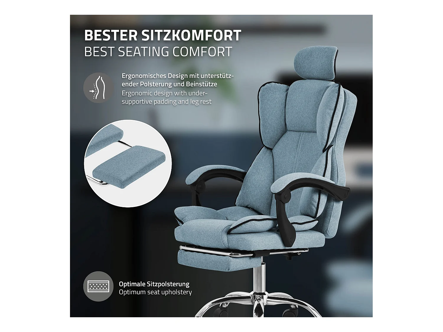 ML-Design Silla de oficina ergonómica, azul, regulable en altura con respaldo alto