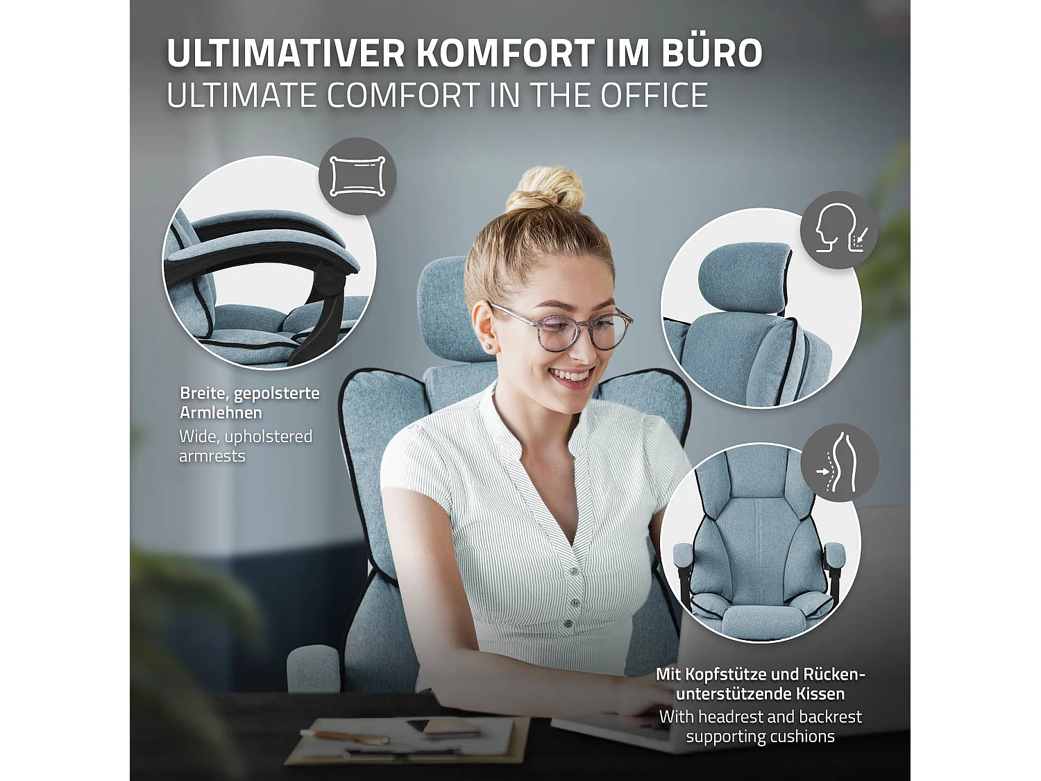 ML-Design Silla de oficina ergonómica, azul, regulable en altura con respaldo alto