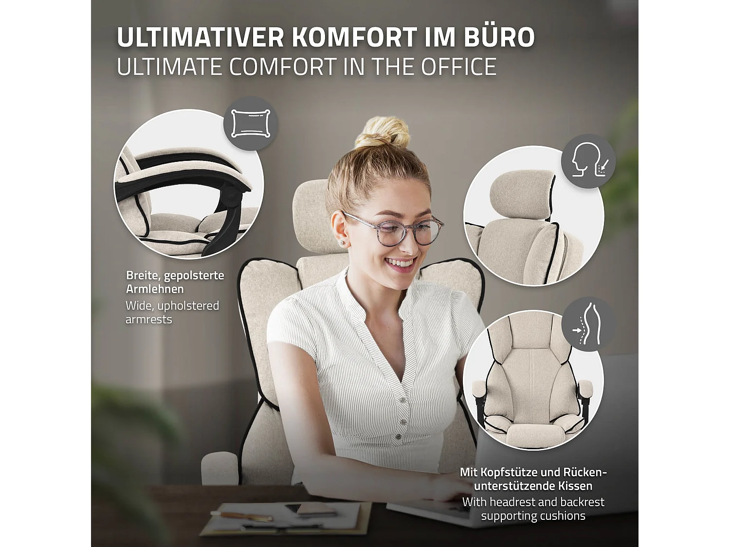 ML-Design Chaise de Bureau Ergonomique, Beige, Réglable en Hauteur avec Dossier Haut