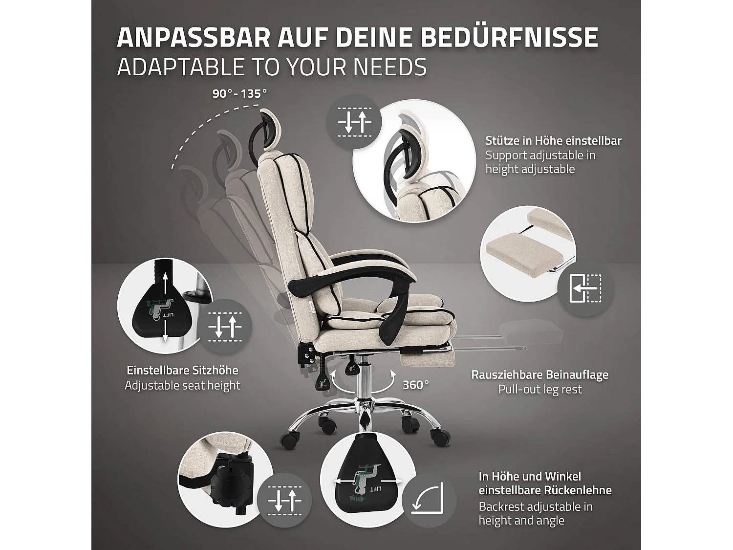 ML-Design Chaise de Bureau Ergonomique, Beige, Réglable en Hauteur avec Dossier Haut
