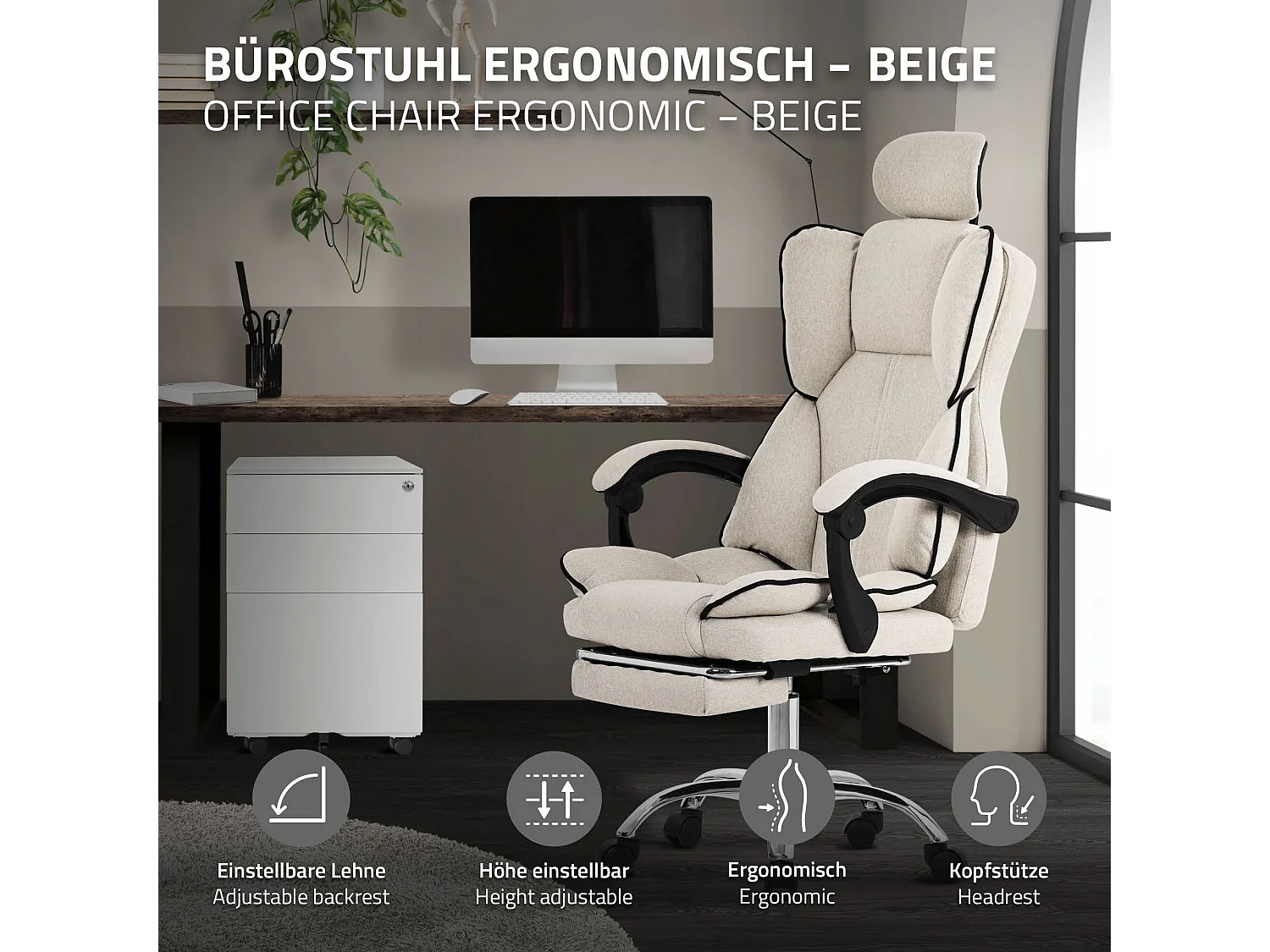 ML-Design Silla de oficina ergonómica, Beige, Altura ajustable con respaldo alto