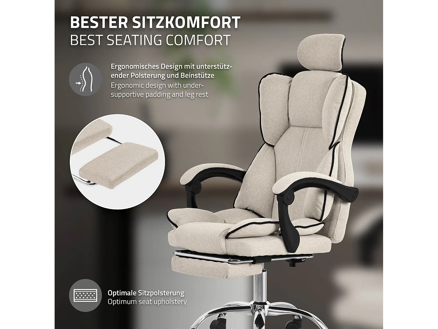 ML-Design Silla de oficina ergonómica, Beige, Altura ajustable con respaldo alto