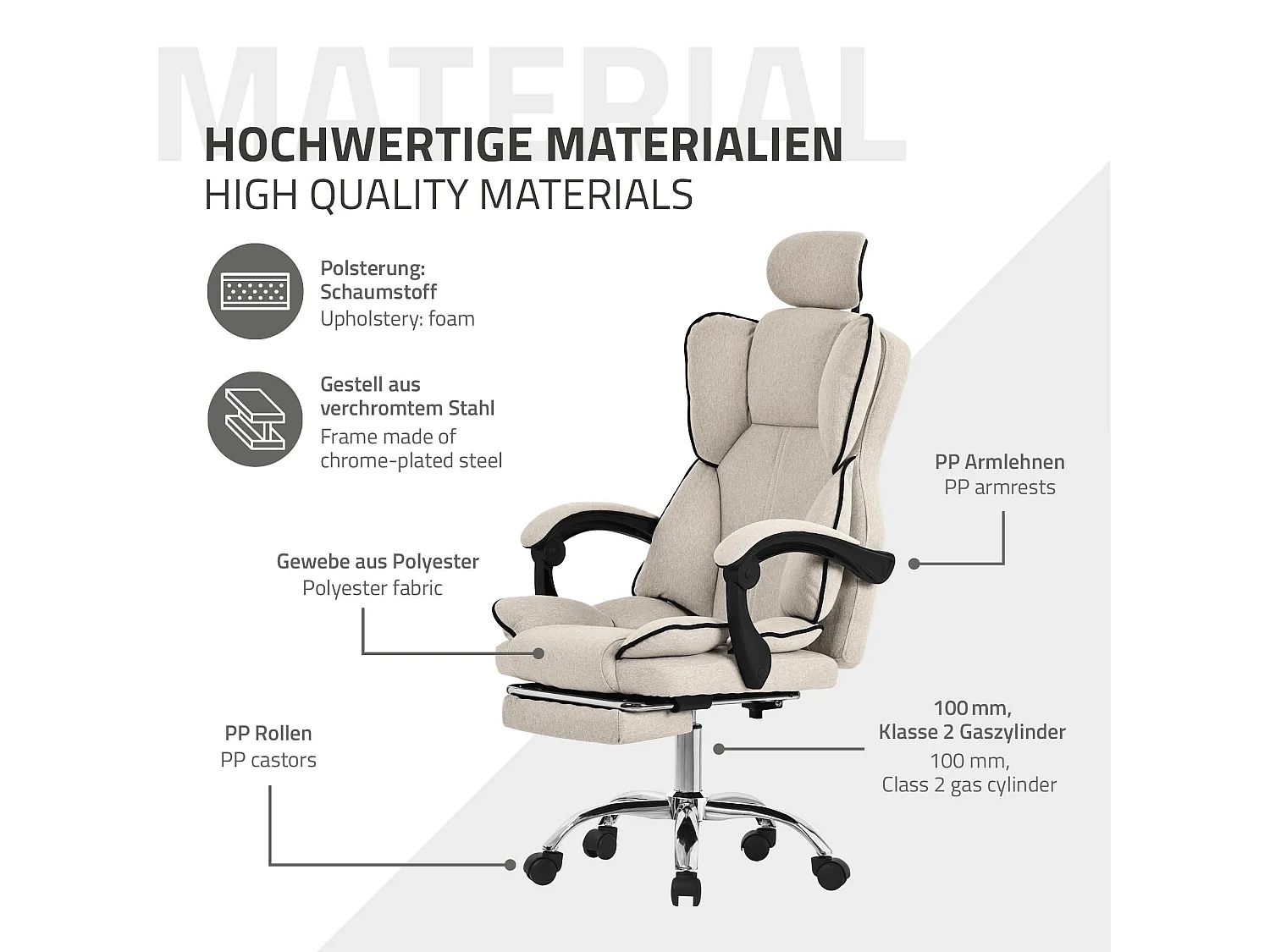 ML-Design Silla de oficina ergonómica, Beige, Altura ajustable con respaldo alto