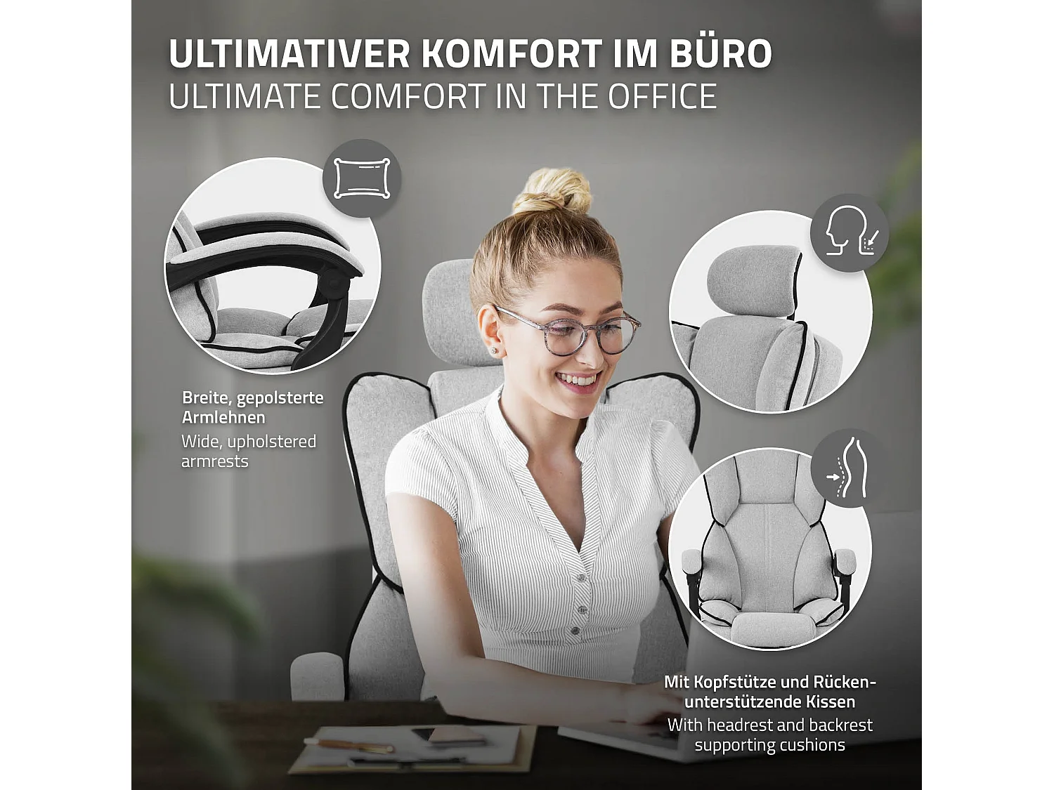 ML-Design Silla de oficina ergonómica, gris claro, regulable en altura con respaldo alto