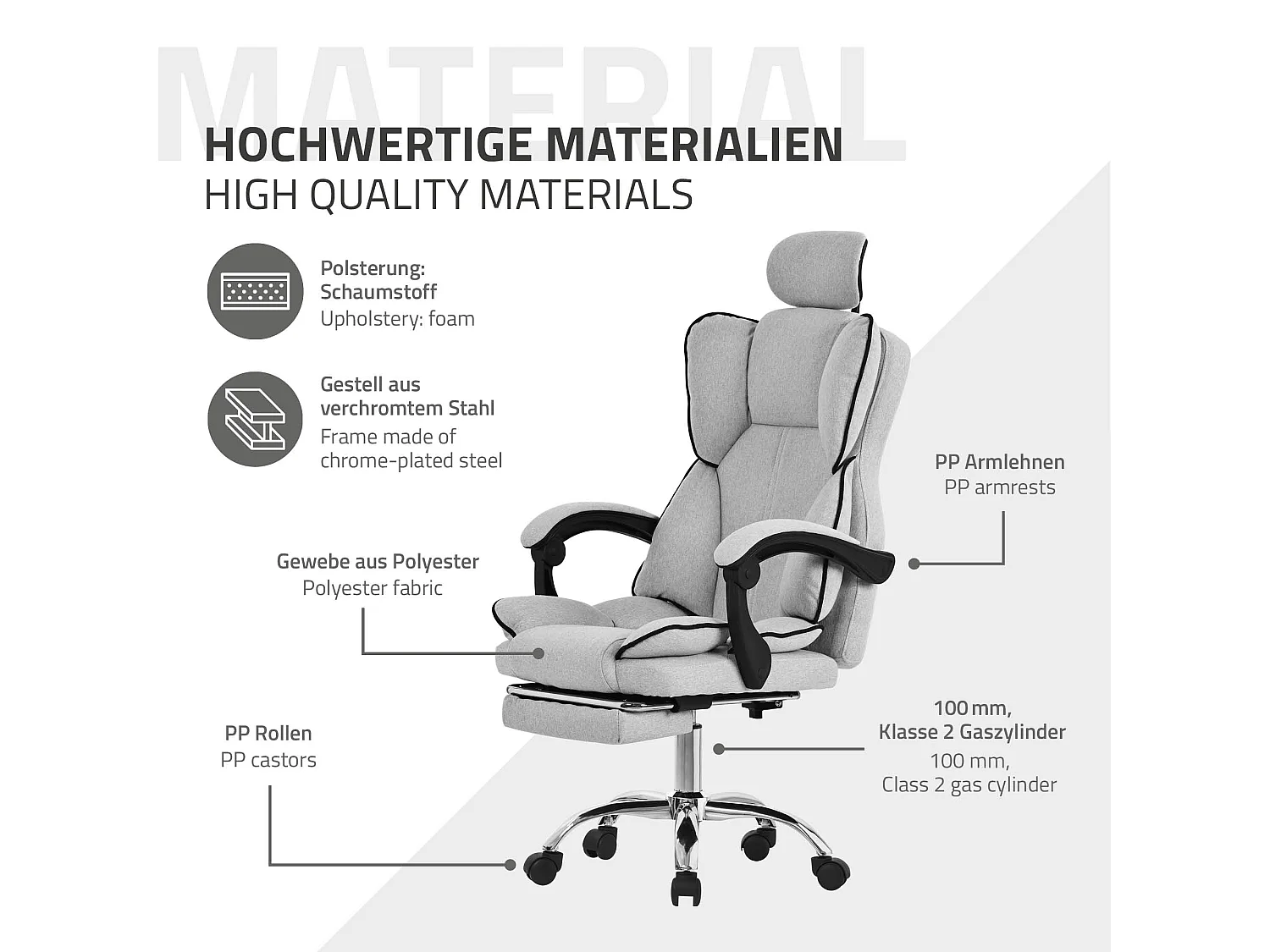 ML-Design Silla de oficina ergonómica, gris claro, regulable en altura con respaldo alto