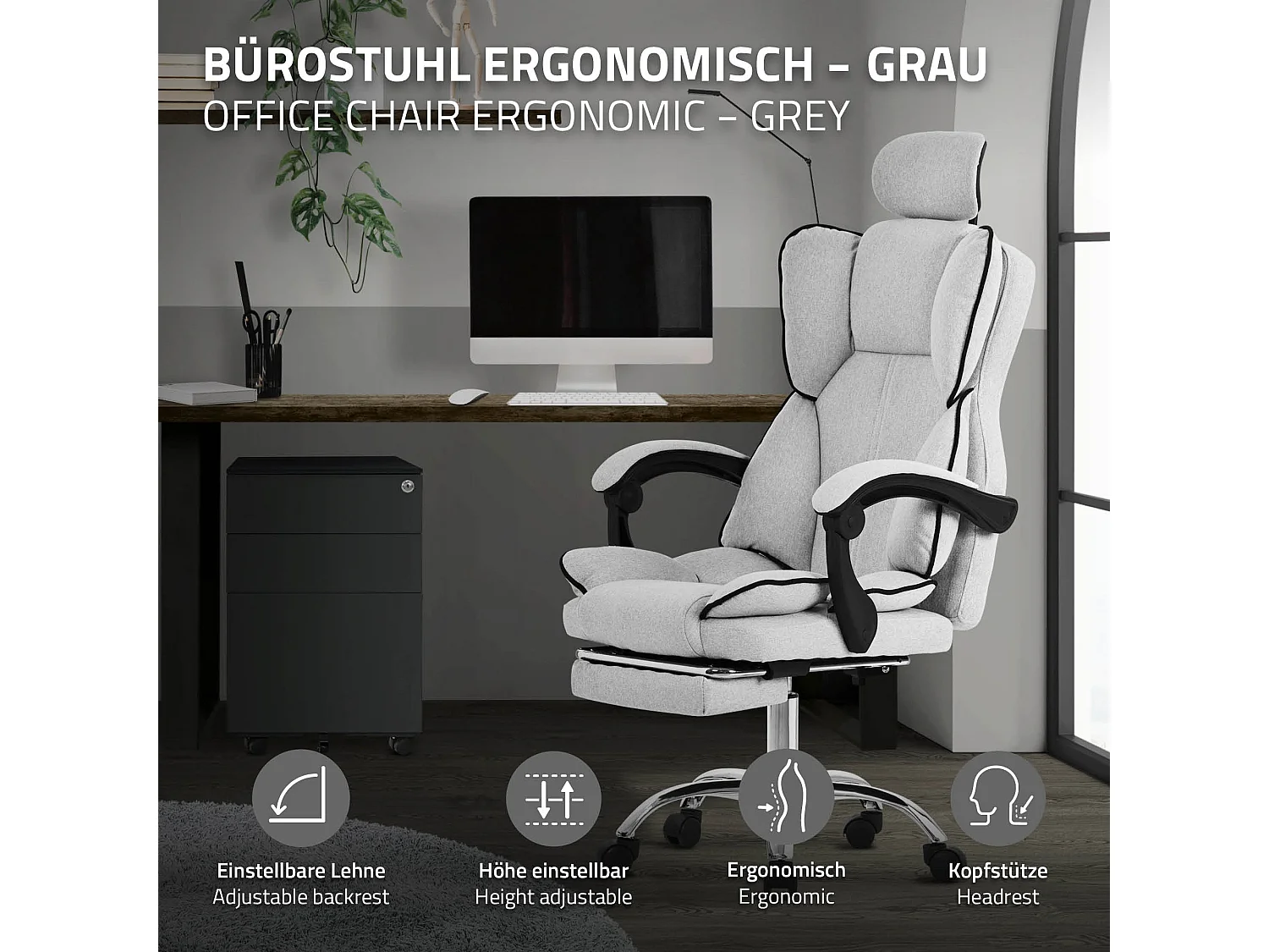 ML-Design Silla de oficina ergonómica, gris claro, regulable en altura con respaldo alto