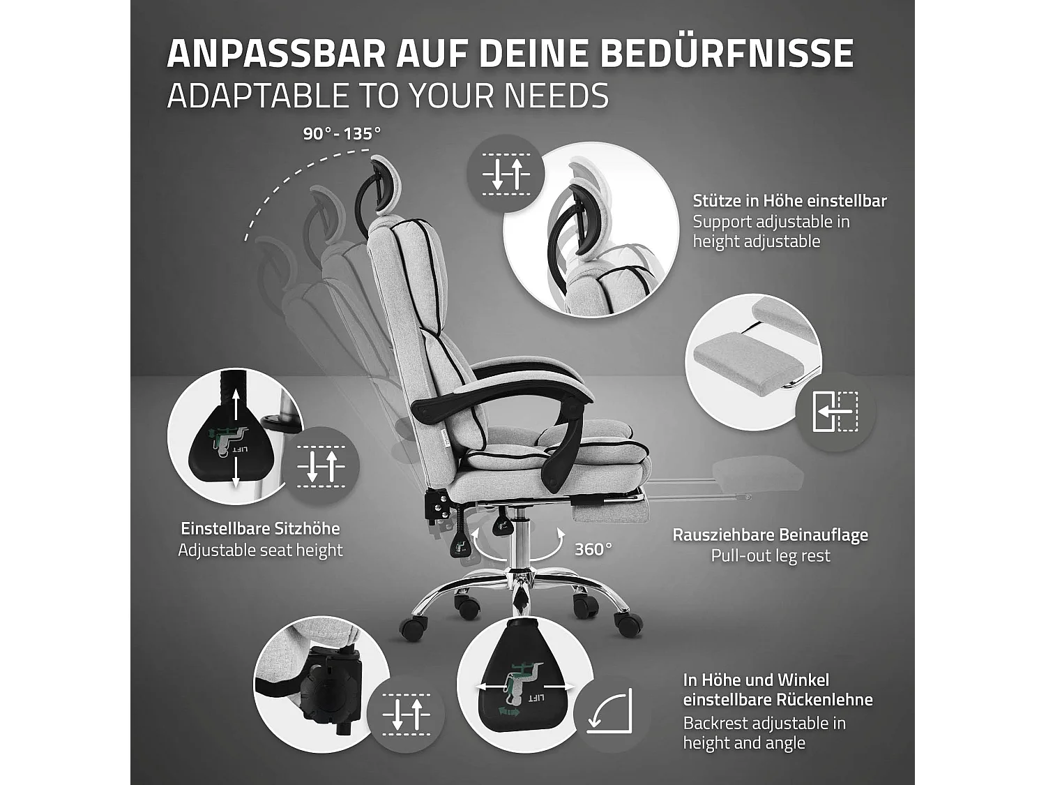 ML-Design Silla de oficina ergonómica, gris claro, regulable en altura con respaldo alto