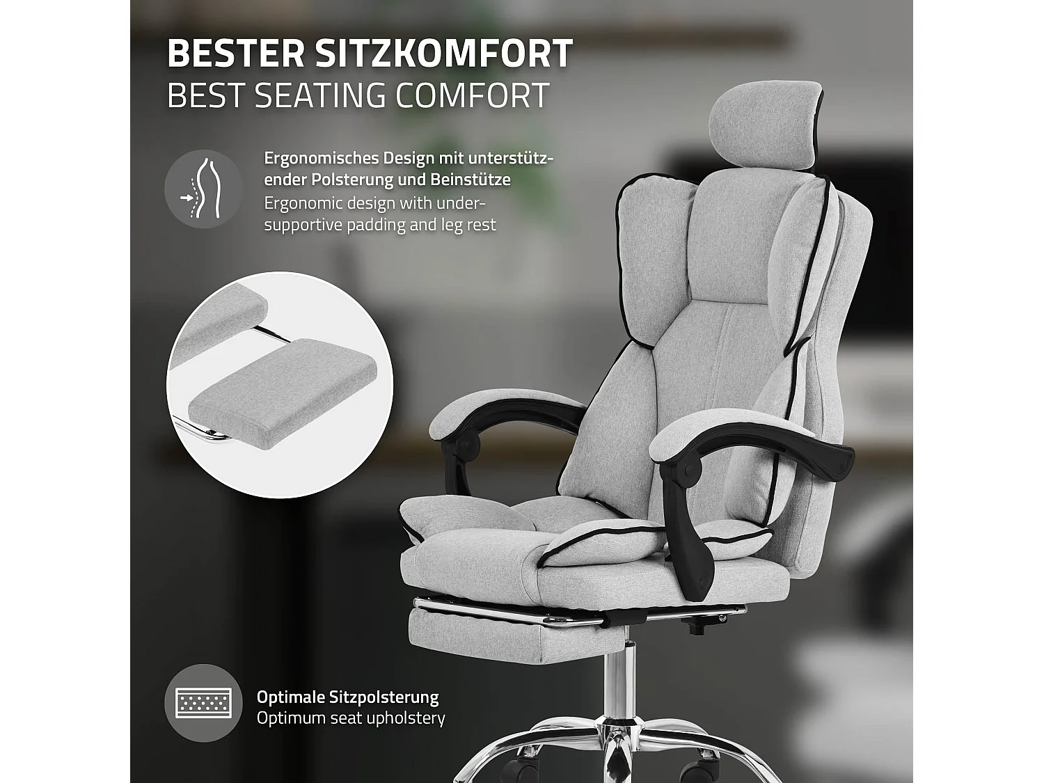 ML-Design Silla de oficina ergonómica, gris claro, regulable en altura con respaldo alto