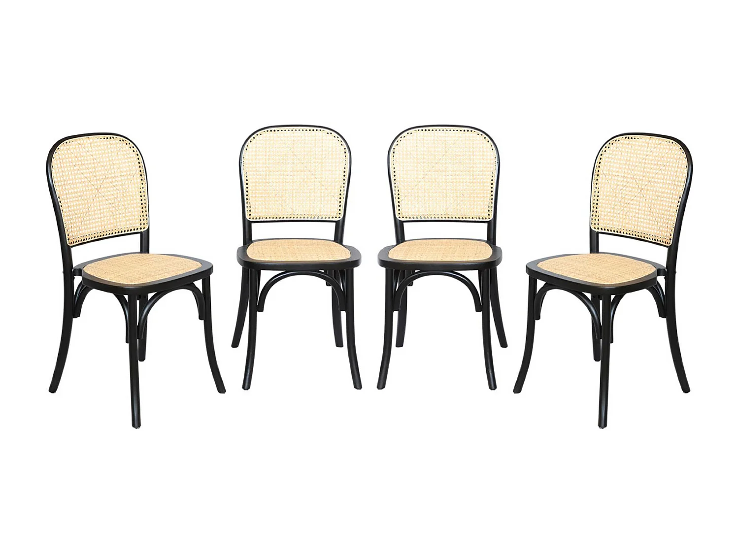 Lot de 4 chaises vintage en bois d'hévéa avec assise et dossier en rotin. coloris noir. L 44.5 x P 48 x H 89.5cm
