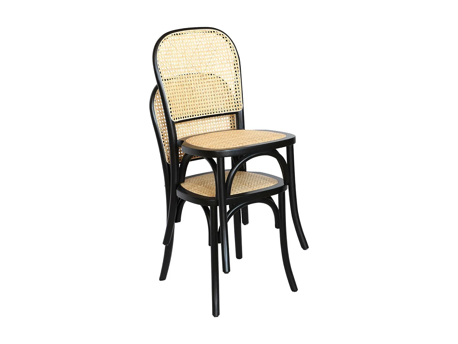 Lot de 4 chaises vintage en bois d'hévéa avec assise et dossier en rotin. coloris noir. L 44.5 x P 48 x H 89.5cm