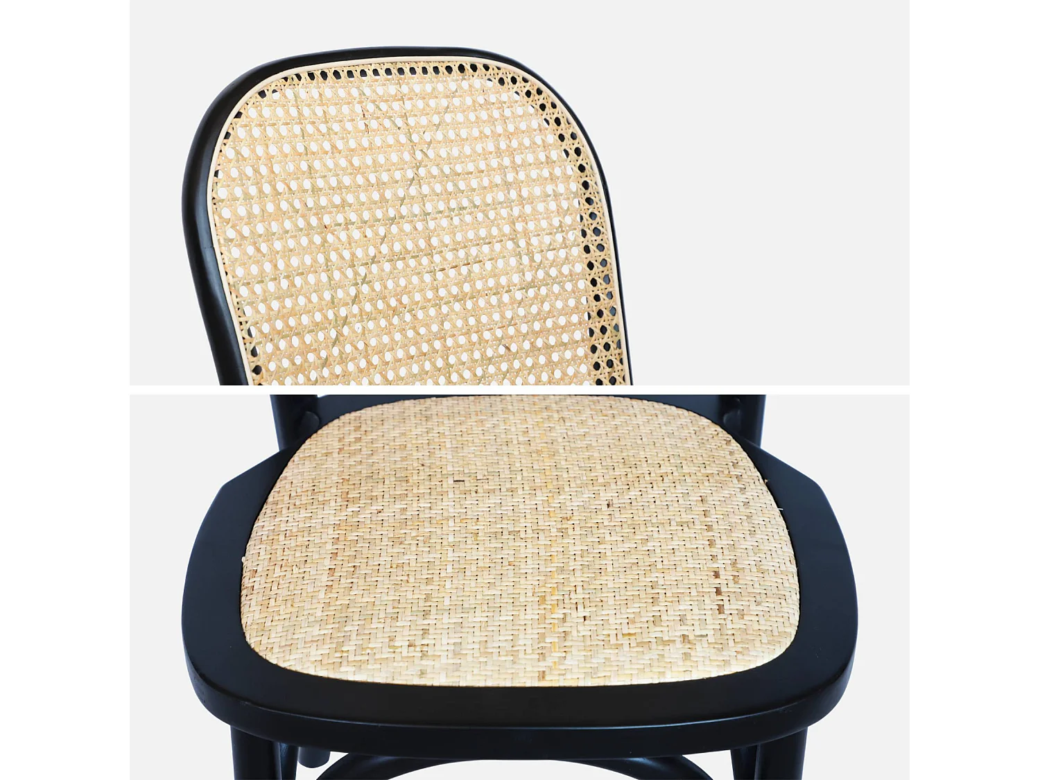 Lot de 4 chaises vintage en bois d'hévéa avec assise et dossier en rotin. coloris noir. L 44.5 x P 48 x H 89.5cm