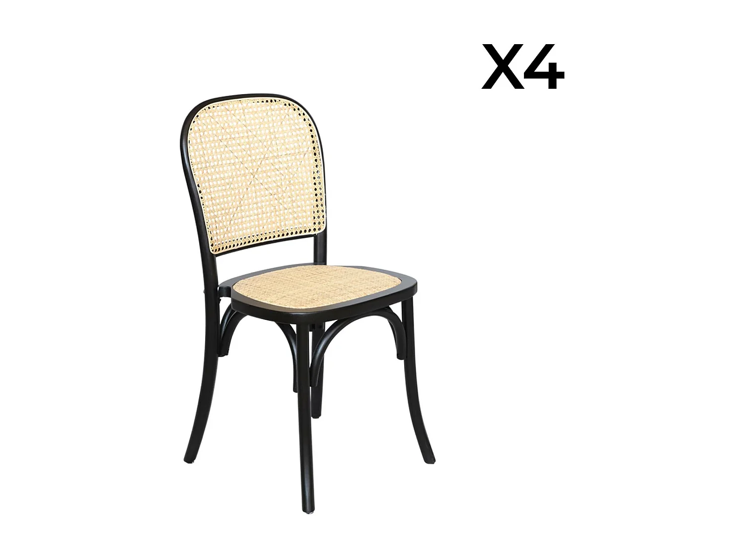 Lot de 4 chaises vintage en bois d'hévéa avec assise et dossier en rotin. coloris noir. L 44.5 x P 48 x H 89.5cm