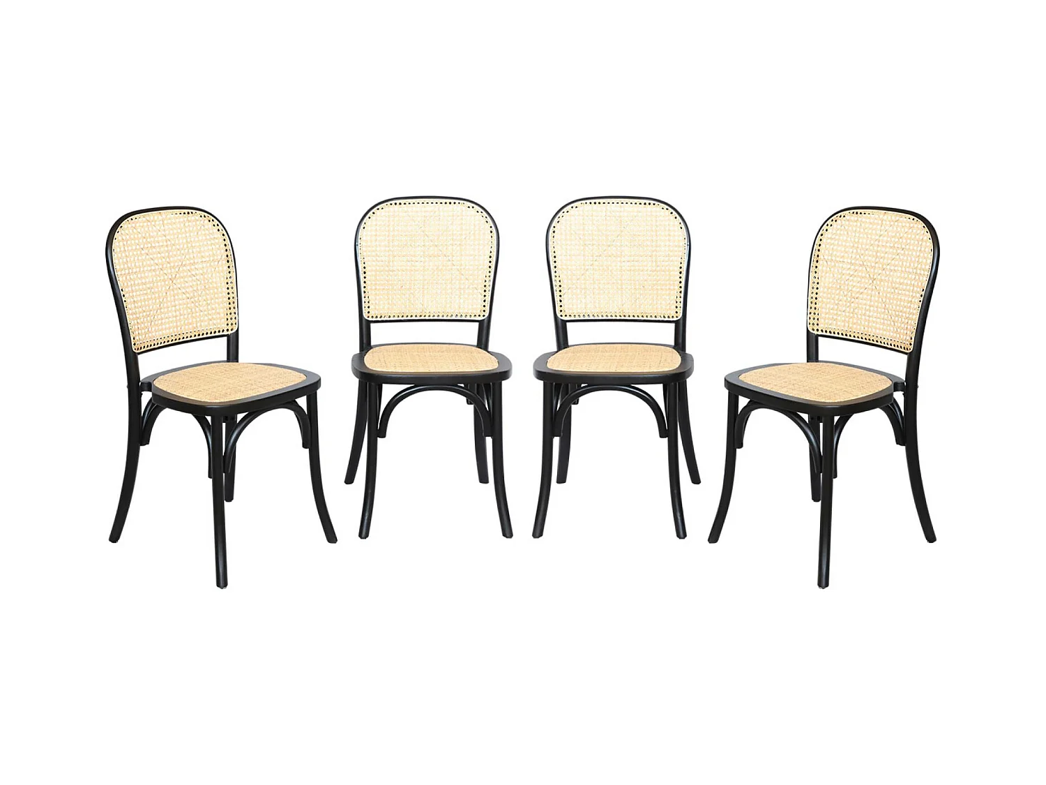 Sillas de madera y ratán vintage, set de 4 negro