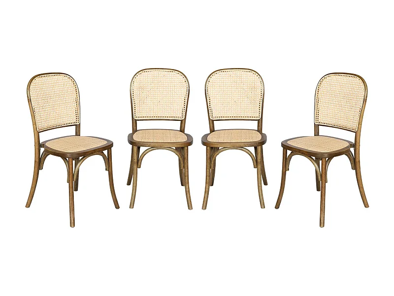Sillas de madera y ratán vintage, set de 4 marrón viejo