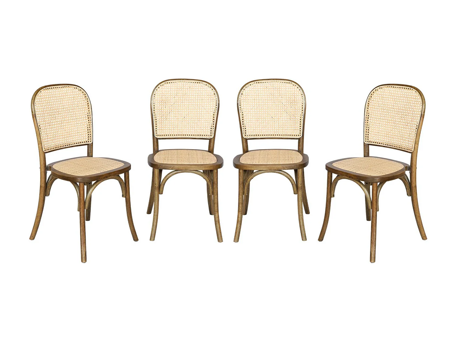Lot de 4 chaises vintage en bois avec assise et dossier en rotin. coloris marron vieilli. L 44.5 x P 48 x H 89.5cm
