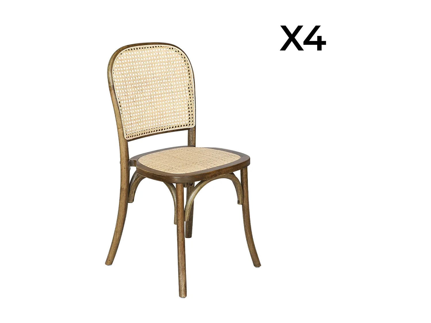 Lot de 4 chaises vintage en bois avec assise et dossier en rotin. coloris marron vieilli. L 44.5 x P 48 x H 89.5cm