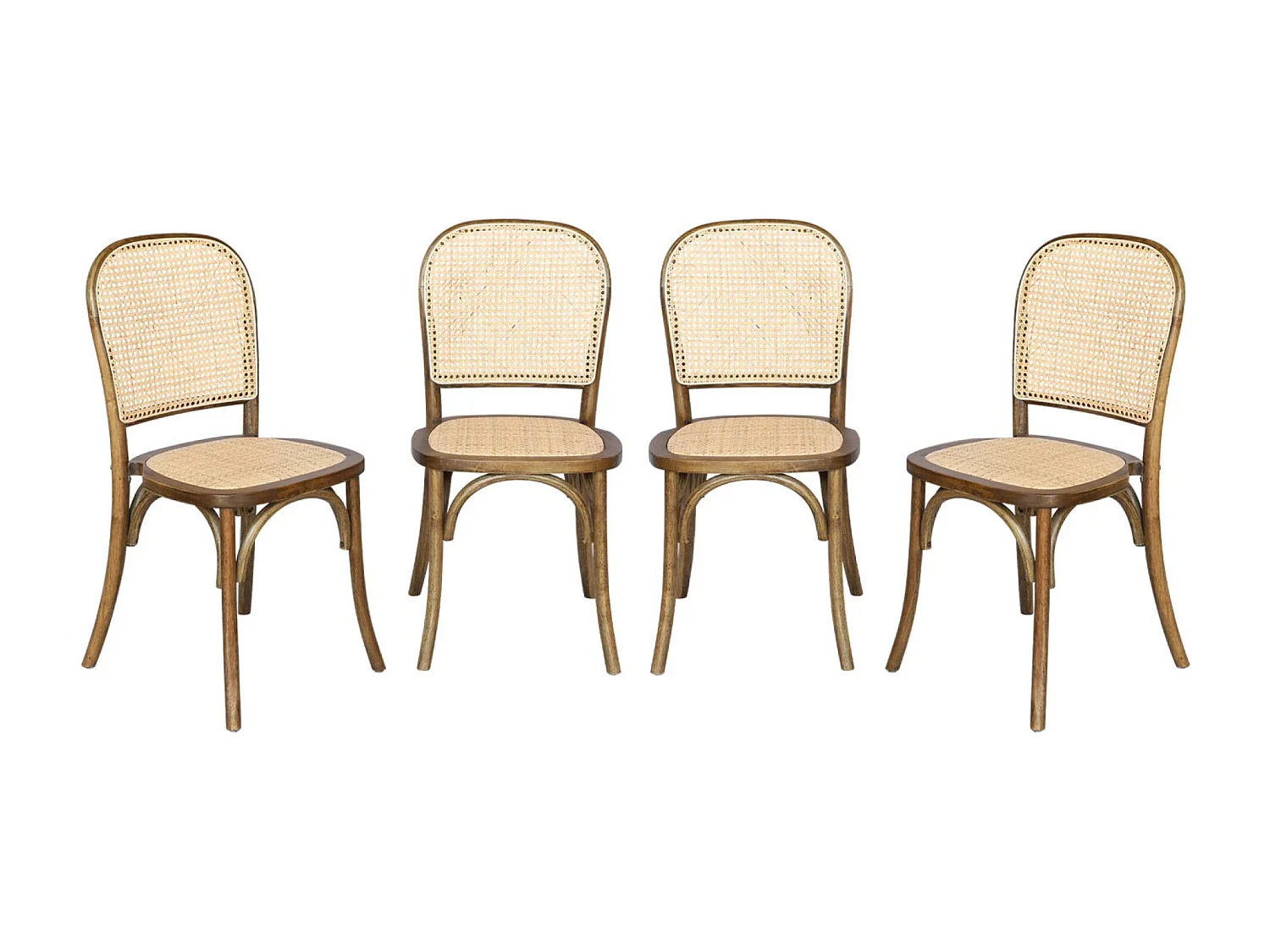 Lot de 4 chaises vintage en bois avec assise et dossier en rotin. coloris marron vieilli. L 44.5 x P 48 x H 89.5cm