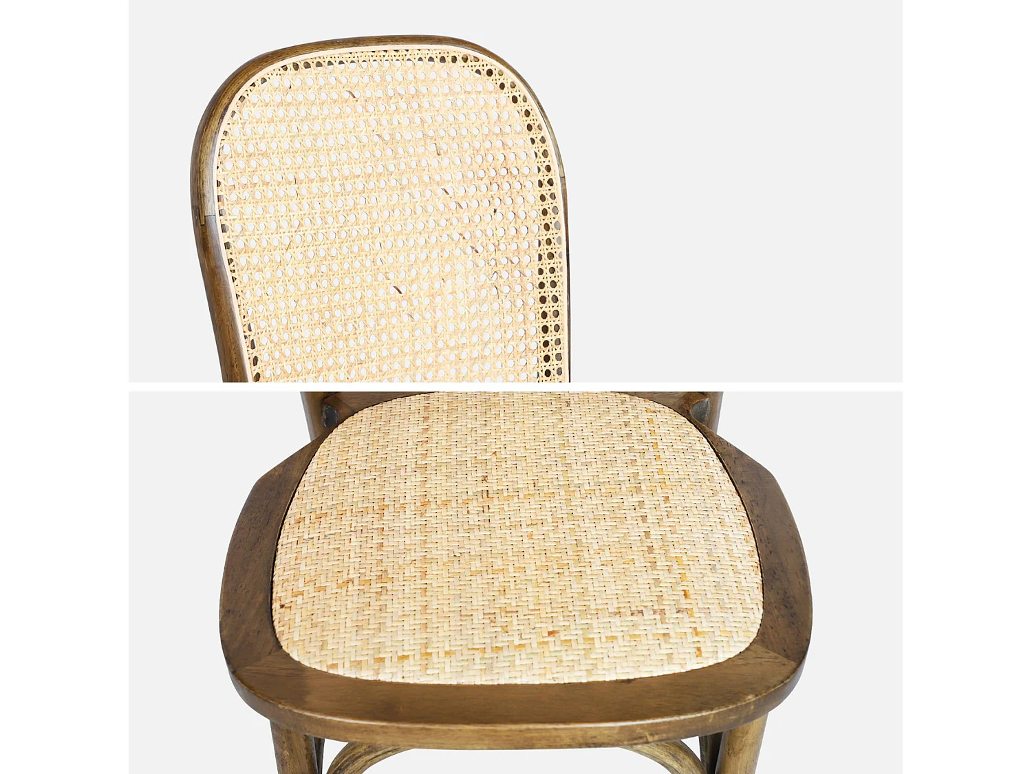 Lot de 4 chaises vintage en bois avec assise et dossier en rotin. coloris marron vieilli. L 44.5 x P 48 x H 89.5cm