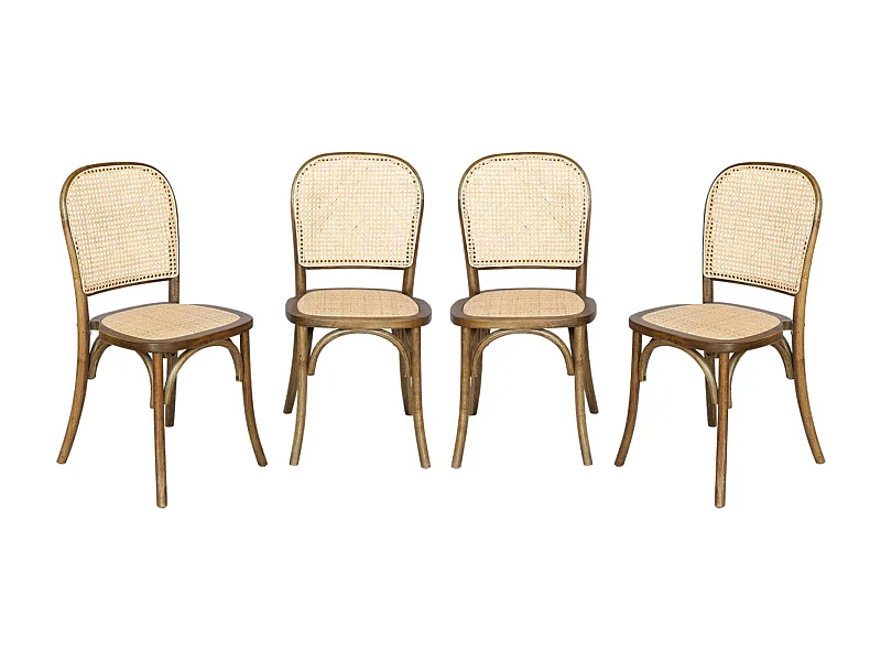 Lot de 4 chaises vintage en bois avec assise et dossier en rotin. coloris marron vieilli. L 44.5 x P 48 x H 89.5cm