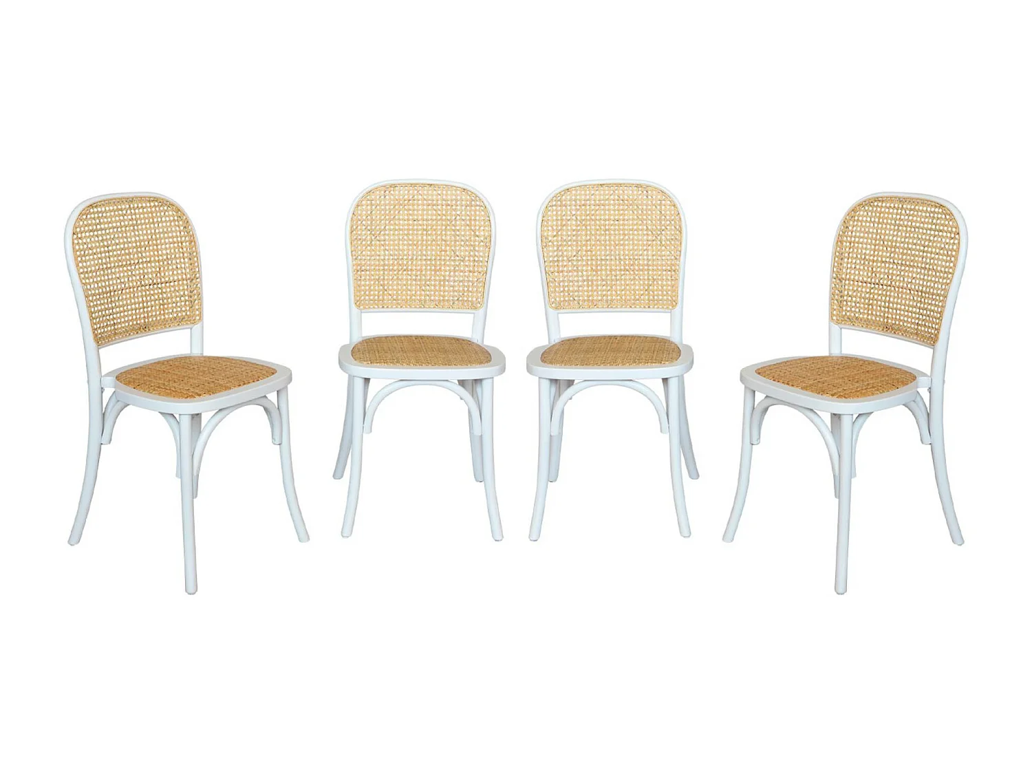 Lot de 4 chaises vintage en bois avec assise et dossier en rotin. coloris blanc. L 44.5 x P 48 x H 89.5cm