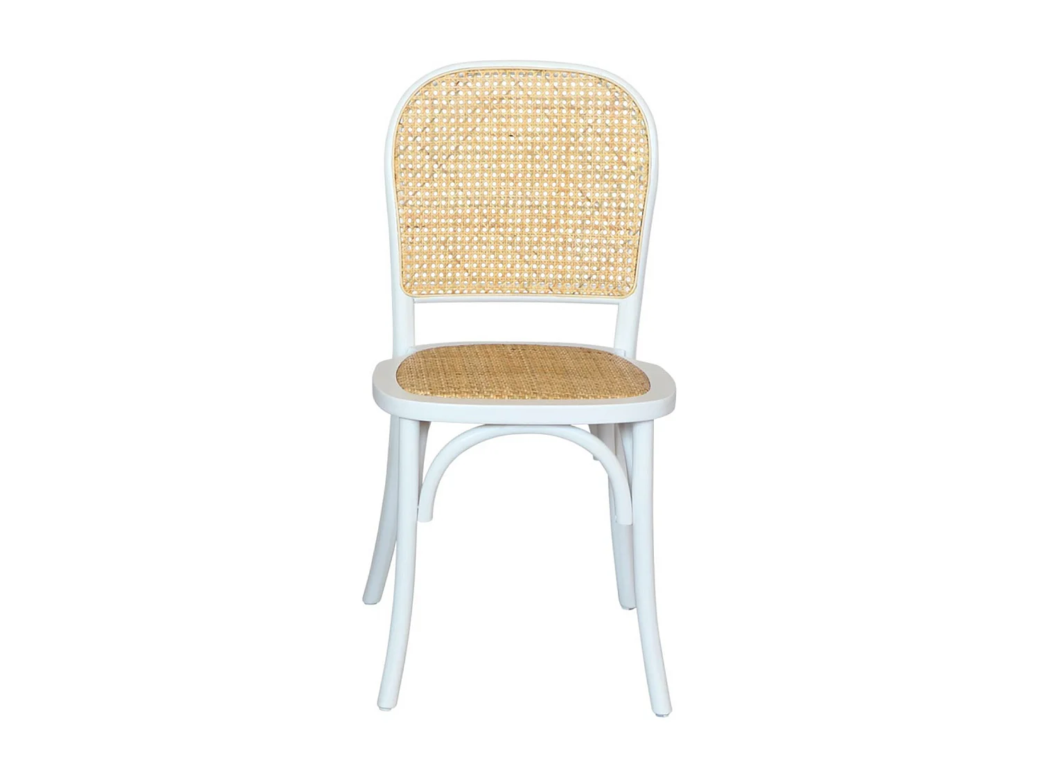 Lot de 4 chaises vintage en bois avec assise et dossier en rotin. coloris blanc. L 44.5 x P 48 x H 89.5cm