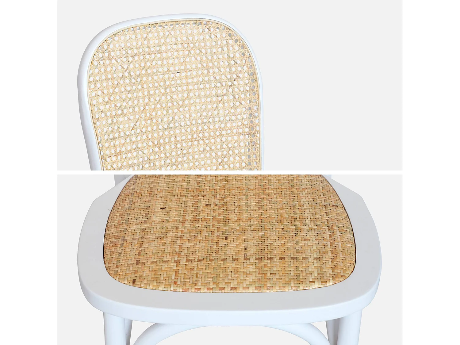 Lot de 4 chaises vintage en bois avec assise et dossier en rotin. coloris blanc. L 44.5 x P 48 x H 89.5cm