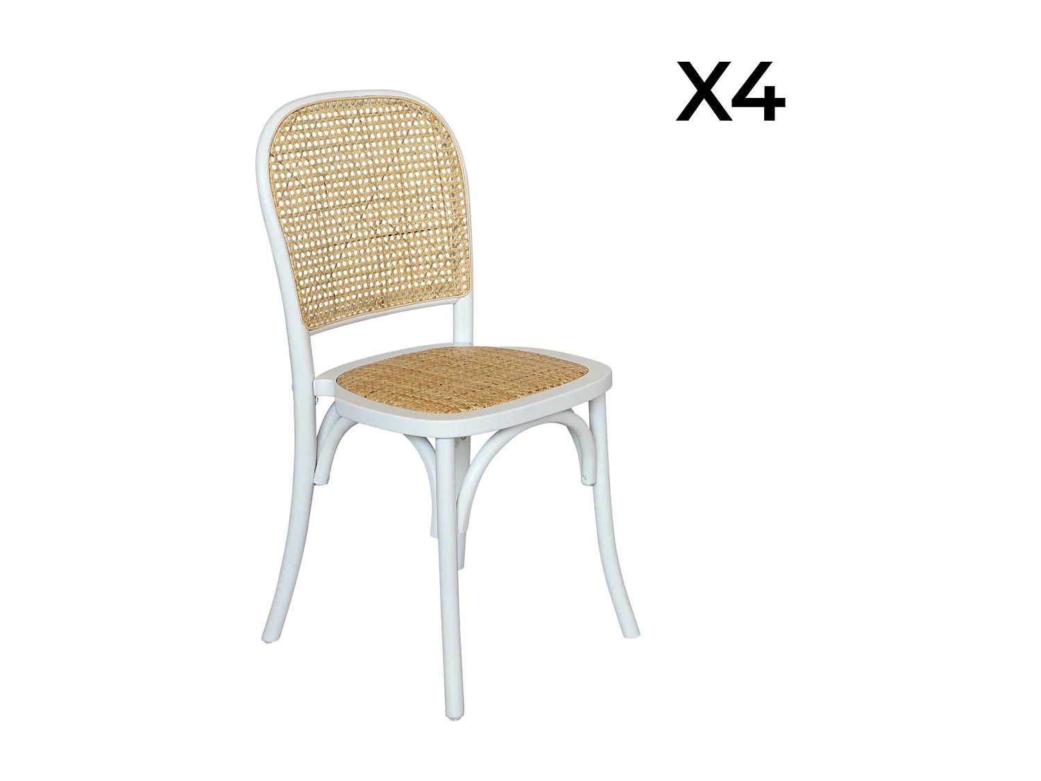 Lot de 4 chaises vintage en bois avec assise et dossier en rotin. coloris blanc. L 44.5 x P 48 x H 89.5cm