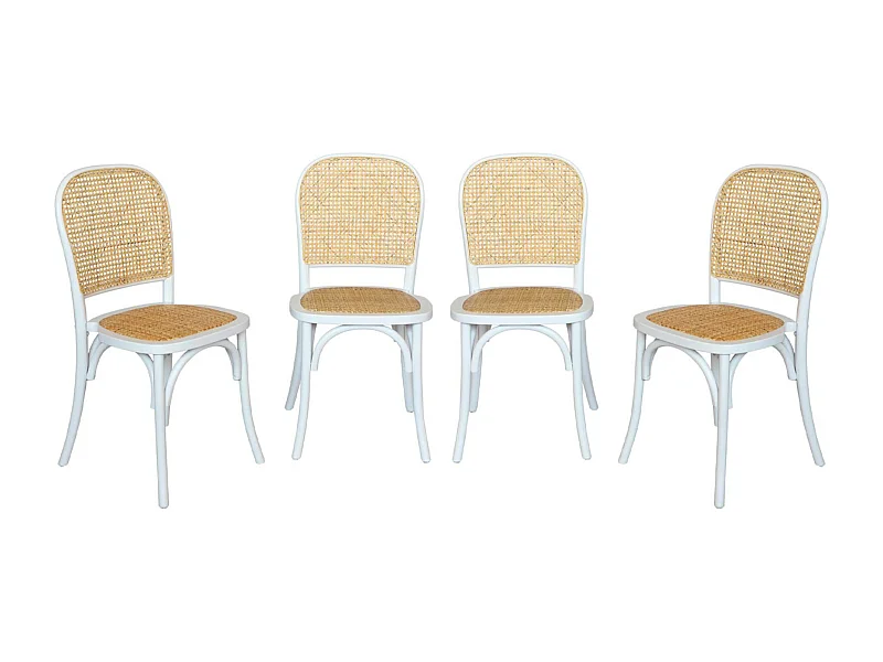 Lot de 4 chaises vintage en bois avec assise et dossier en rotin. coloris blanc. L 44.5 x P 48 x H 89.5cm