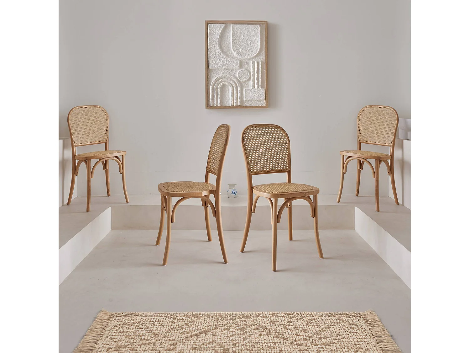 Set di 4 sedie in legno e rattan vintage , marrone naturale