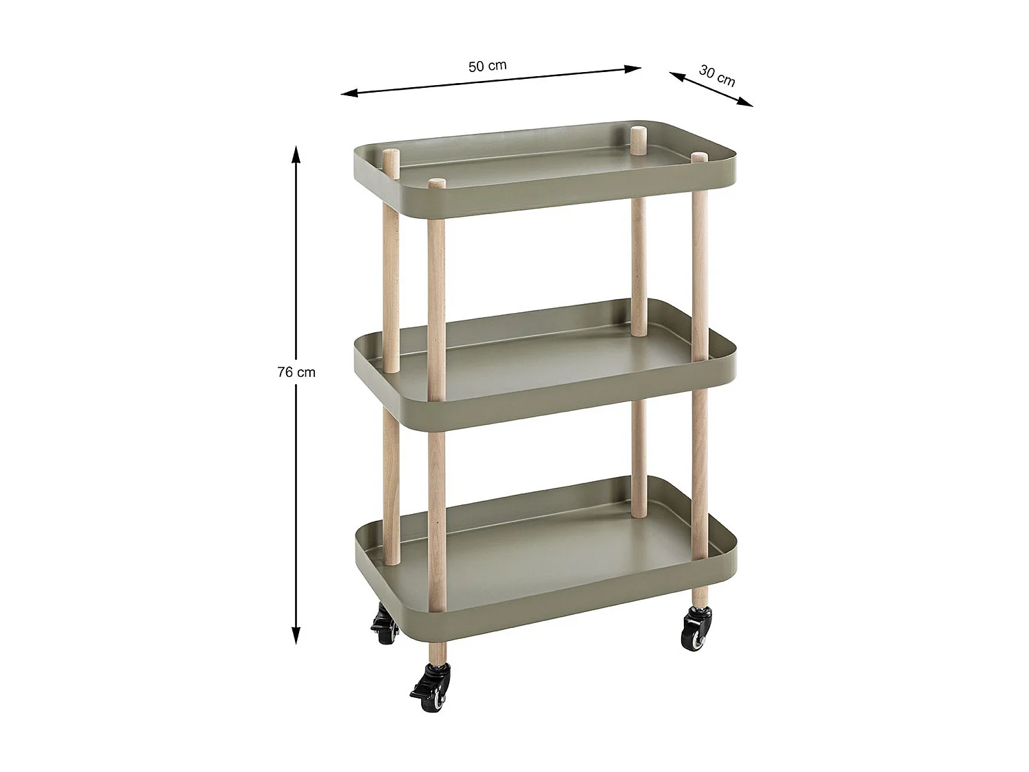 Chariot de service, desserte en bois coloris naturel et métal vert -longueur 50 x profondeur 30 x hauteur 76 cm
