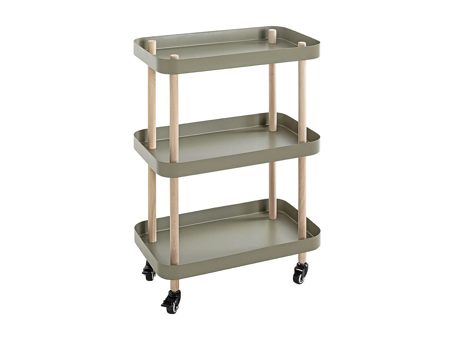 Chariot de service, desserte en bois coloris naturel et métal vert -longueur 50 x profondeur 30 x hauteur 76 cm