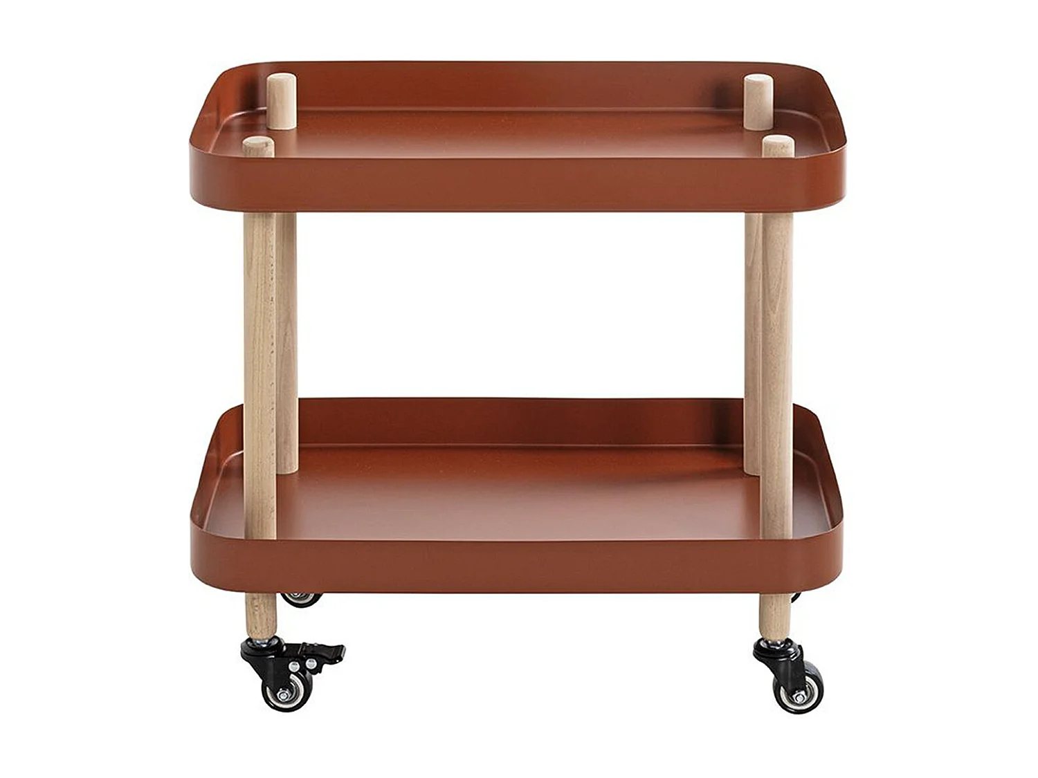 Chariot de service, desserte en bois coloris naturel et métal rouge -longueur 50 x profondeur 30 x hauteur 47 cm