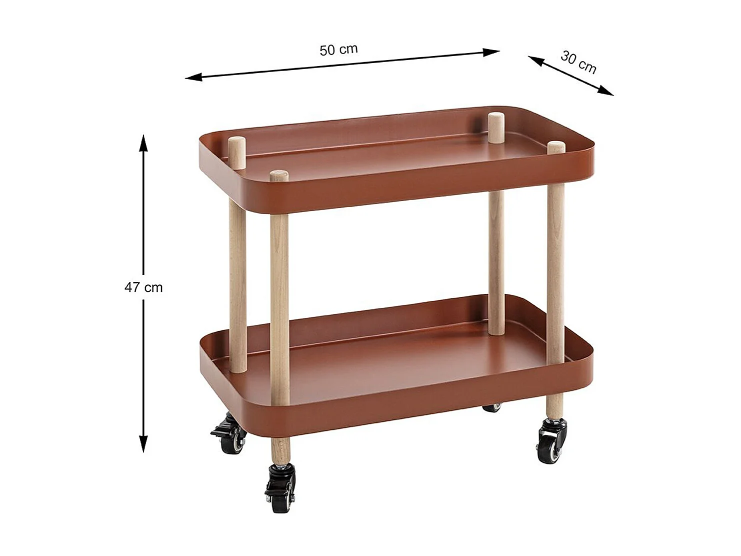 Chariot de service, desserte en bois coloris naturel et métal rouge -longueur 50 x profondeur 30 x hauteur 47 cm