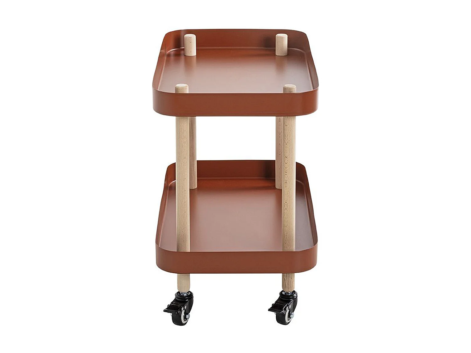 Chariot de service, desserte en bois coloris naturel et métal rouge -longueur 50 x profondeur 30 x hauteur 47 cm