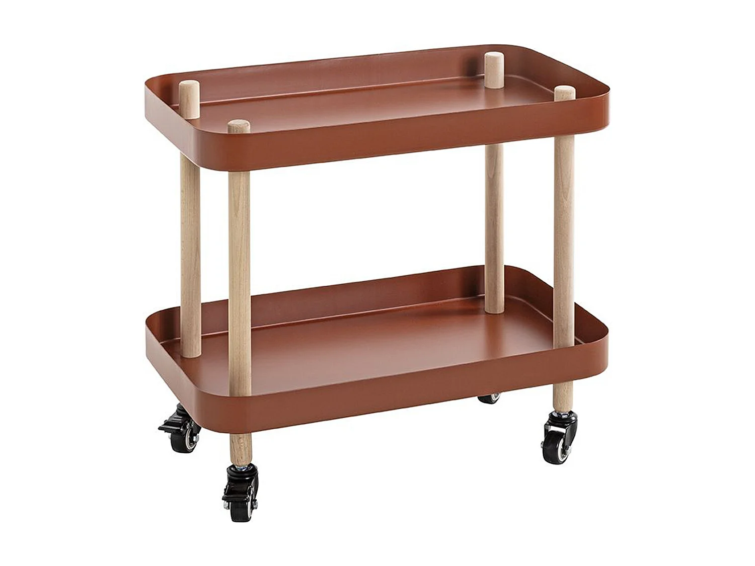 Chariot de service, desserte en bois coloris naturel et métal rouge -longueur 50 x profondeur 30 x hauteur 47 cm