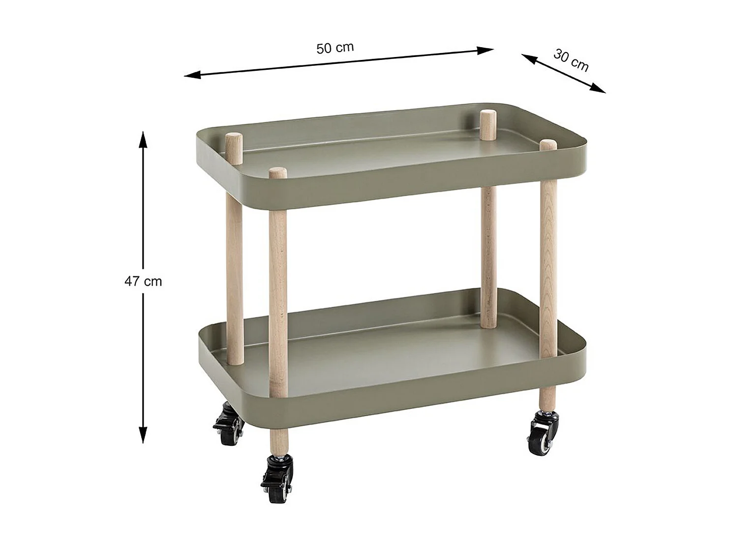 Chariot de service, desserte en bois coloris naturel et métal vert -longueur 50 x profondeur 30 x hauteur 47 cm