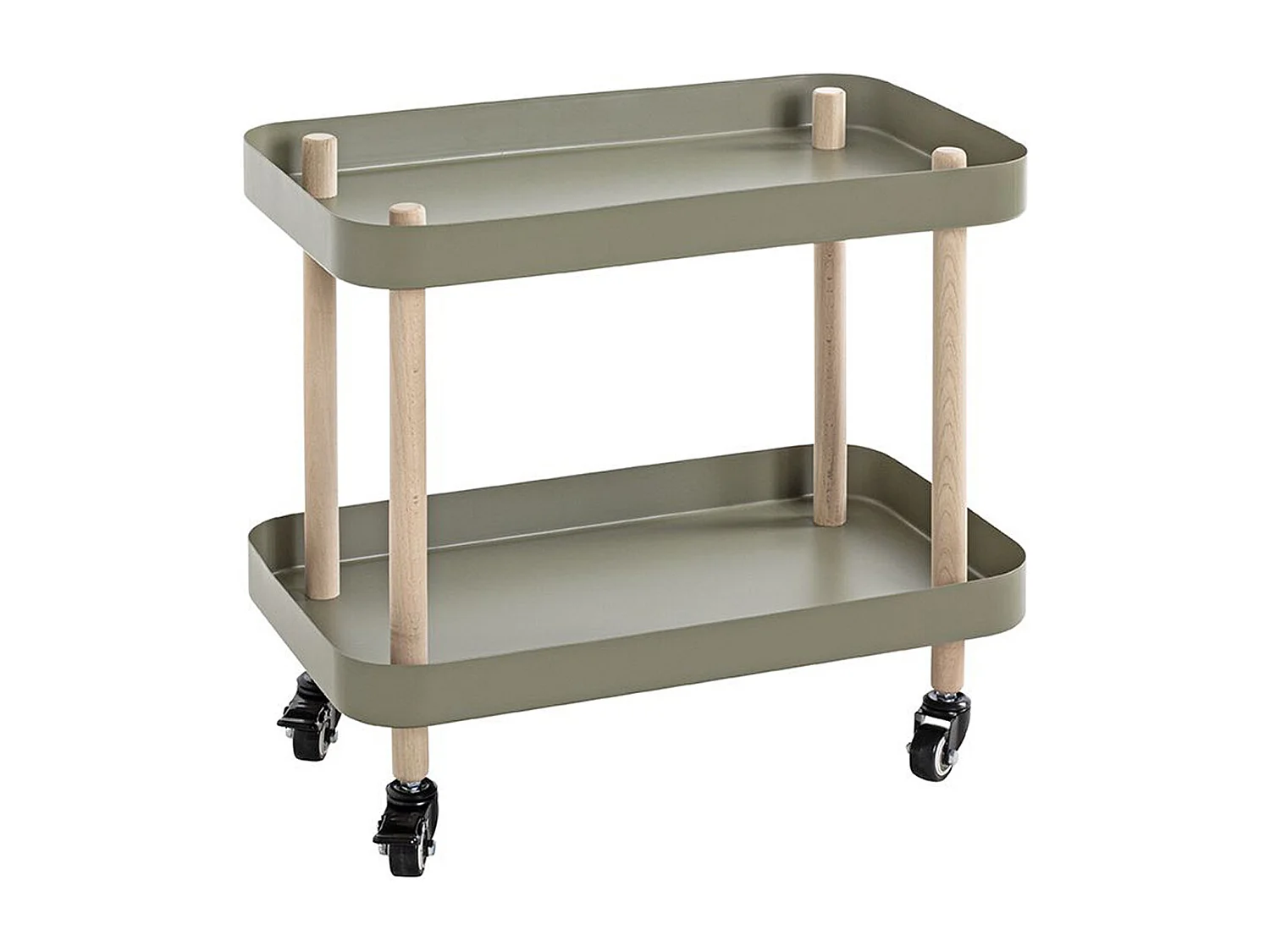 Chariot de service, desserte en bois coloris naturel et métal vert -longueur 50 x profondeur 30 x hauteur 47 cm
