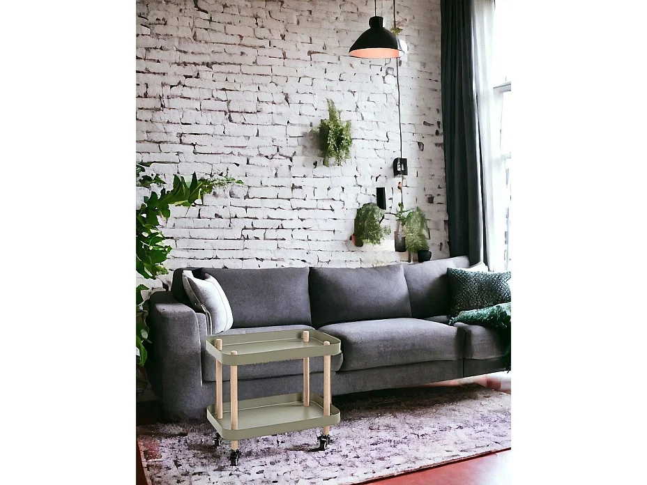 Chariot de service, desserte en bois coloris naturel et métal vert -longueur 50 x profondeur 30 x hauteur 47 cm