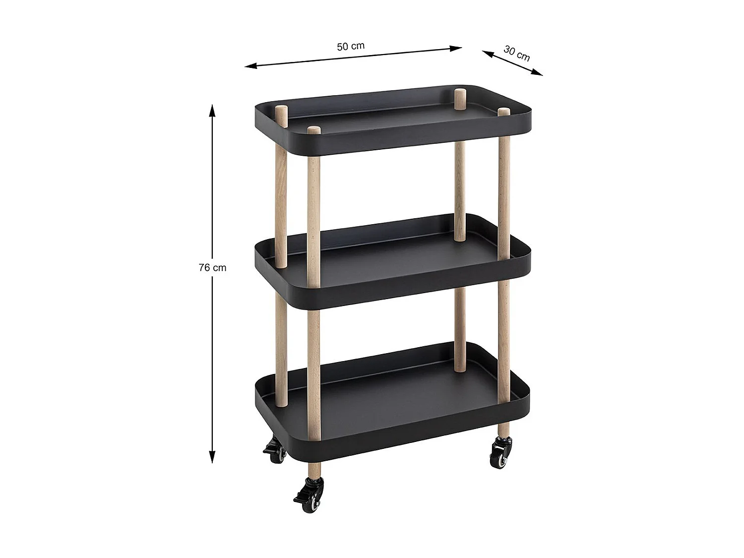 Chariot de service, desserte en bois coloris naturel et métal noir -longueur 50 x profondeur 30 x hauteur 76 cm