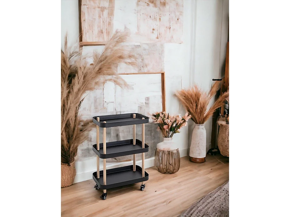 Chariot de service, desserte en bois coloris naturel et métal noir -longueur 50 x profondeur 30 x hauteur 76 cm