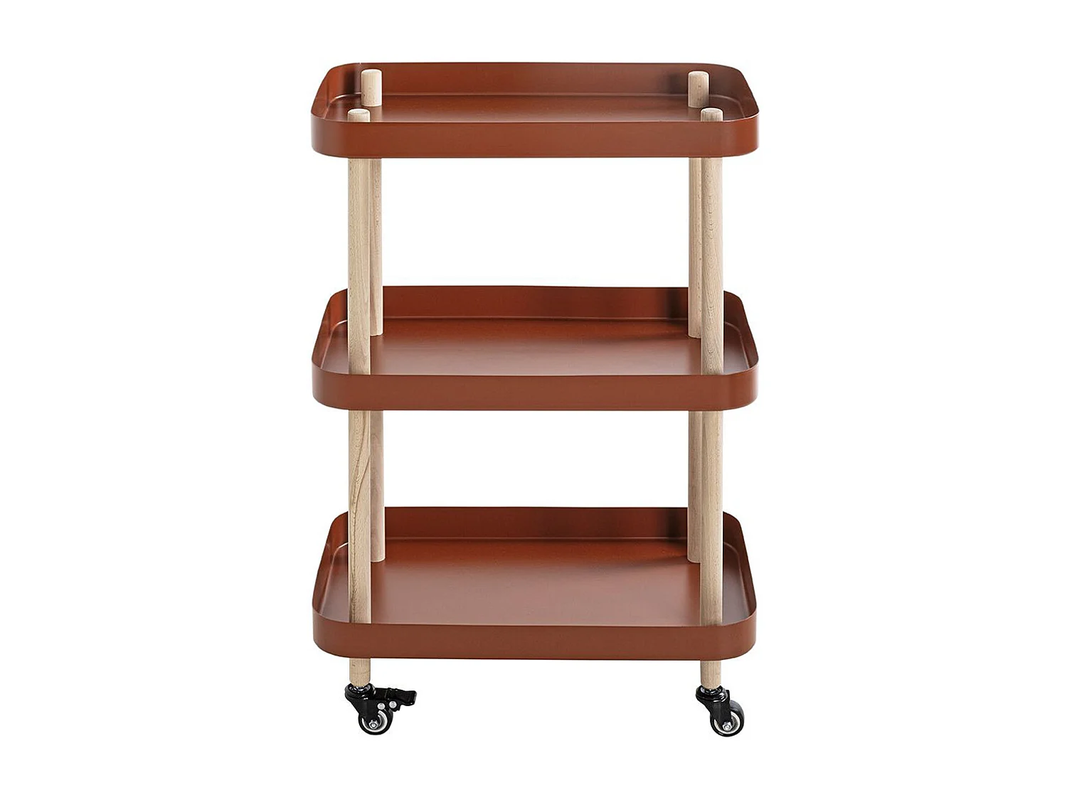 Chariot de service, desserte en bois coloris naturel et métal rouge - longueur 50 x profondeur 30 x hauteur 76 cm