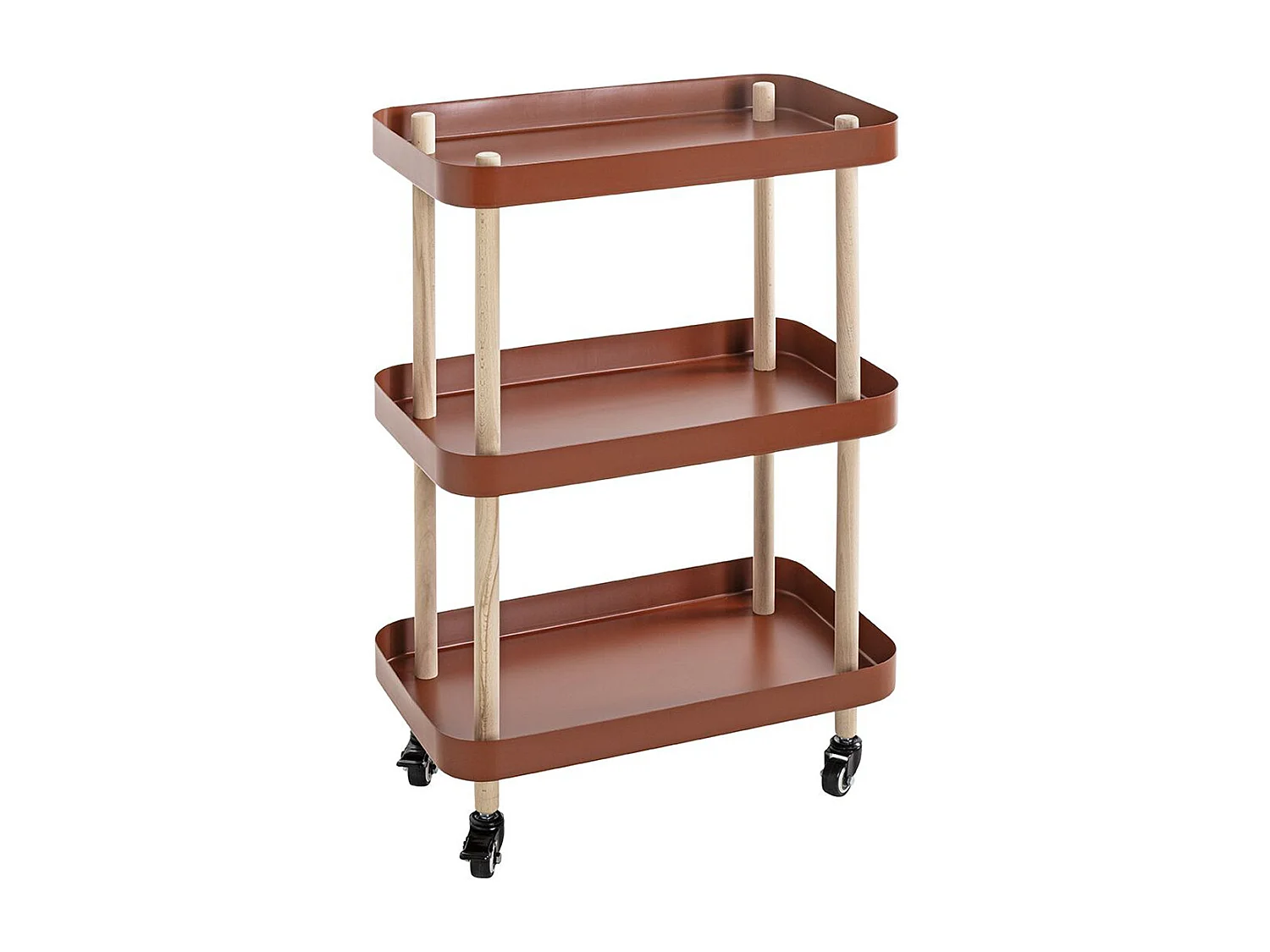 Chariot de service, desserte en bois coloris naturel et métal rouge - longueur 50 x profondeur 30 x hauteur 76 cm
