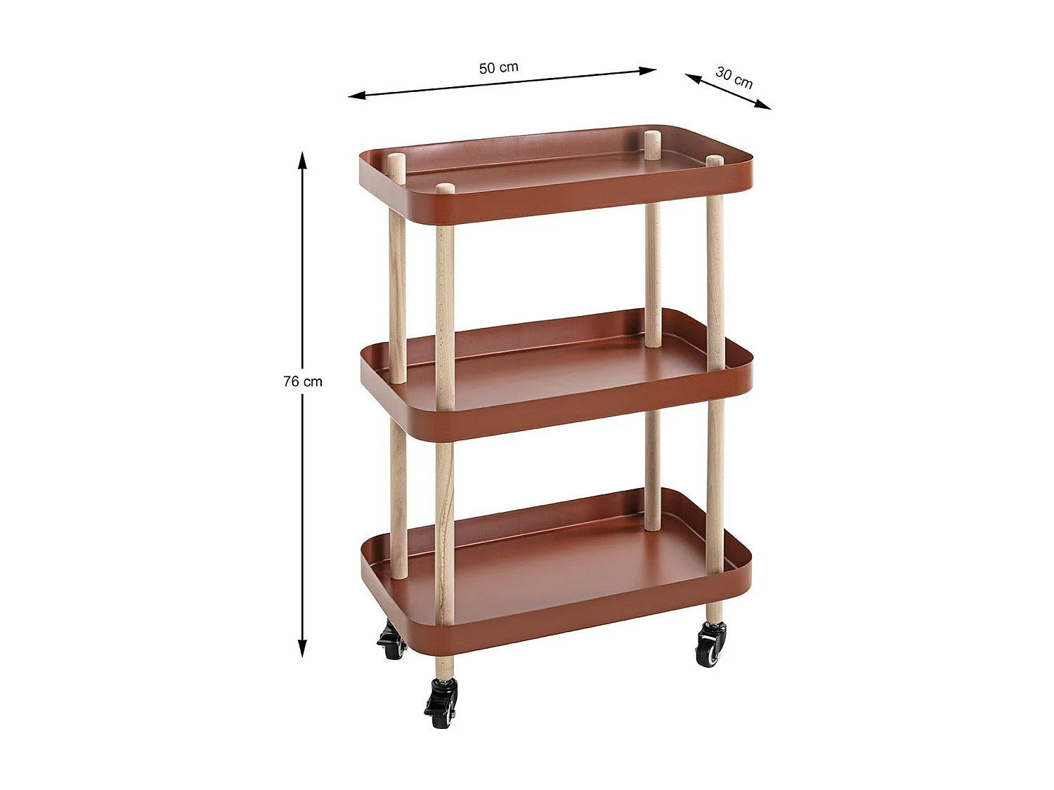 Chariot de service, desserte en bois coloris naturel et métal rouge - longueur 50 x profondeur 30 x hauteur 76 cm