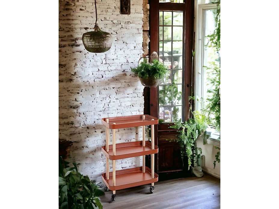 Chariot de service, desserte en bois coloris naturel et métal rouge - longueur 50 x profondeur 30 x hauteur 76 cm
