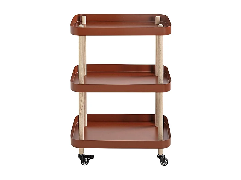 Chariot de service, desserte en bois coloris naturel et métal rouge - longueur 50 x profondeur 30 x hauteur 76 cm
