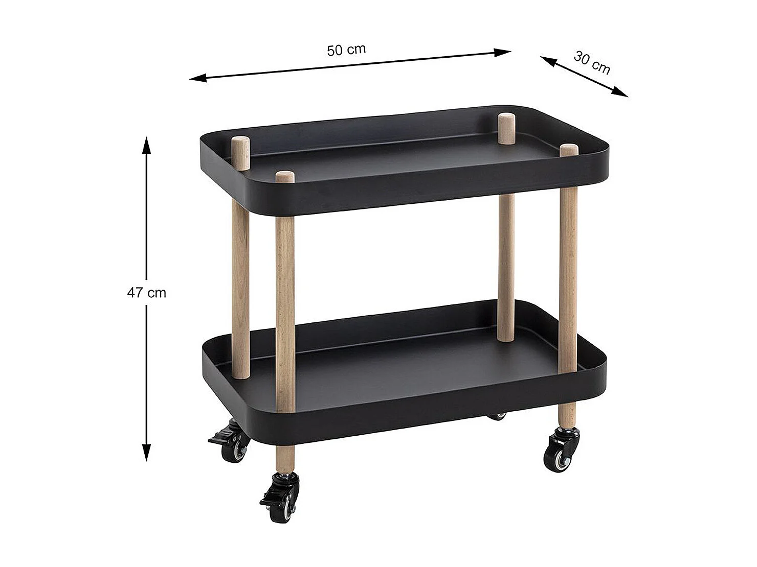 Chariot de service, desserte en bois coloris naturel et métal noir -longueur 50 x profondeur 30 x hauteur 47 cm