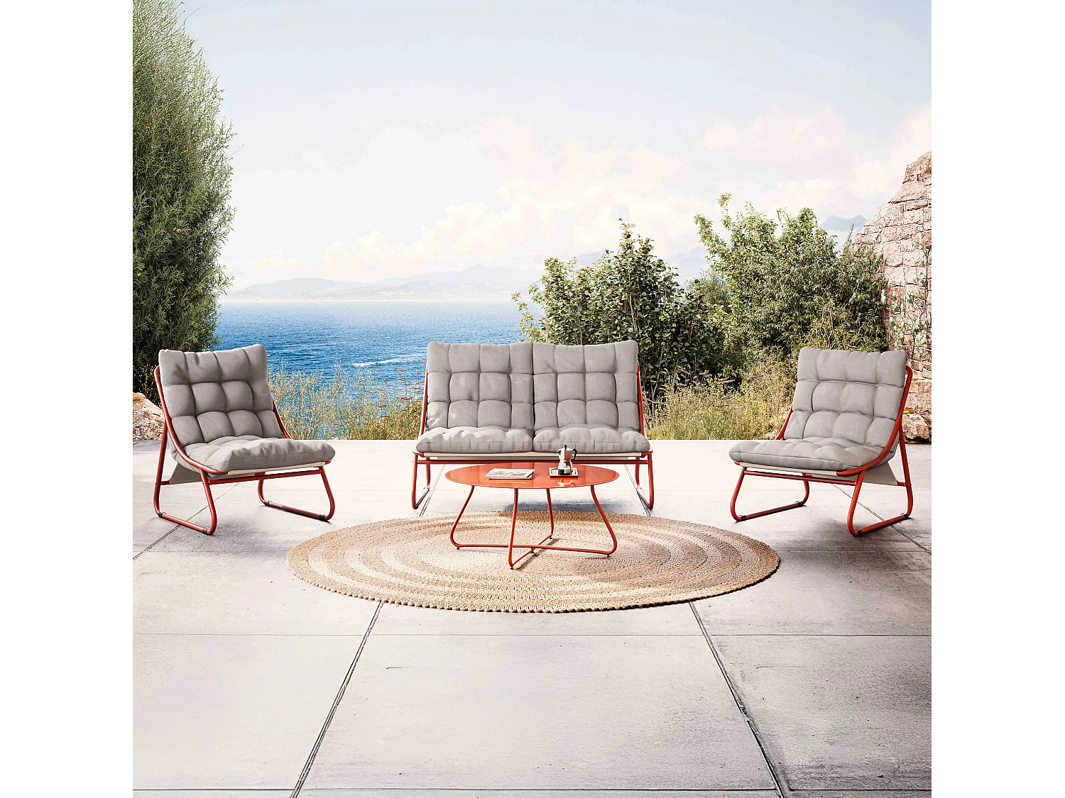 Salon de jardin bas 4 places en métal terracotta