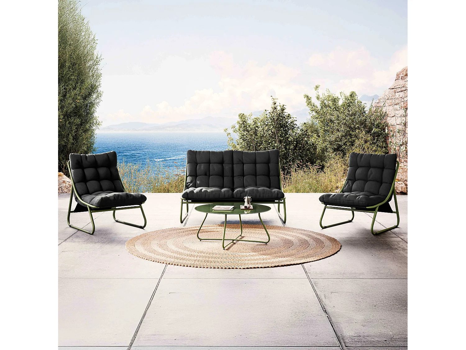 Laag 4-zits groen metalen tuinmeubel