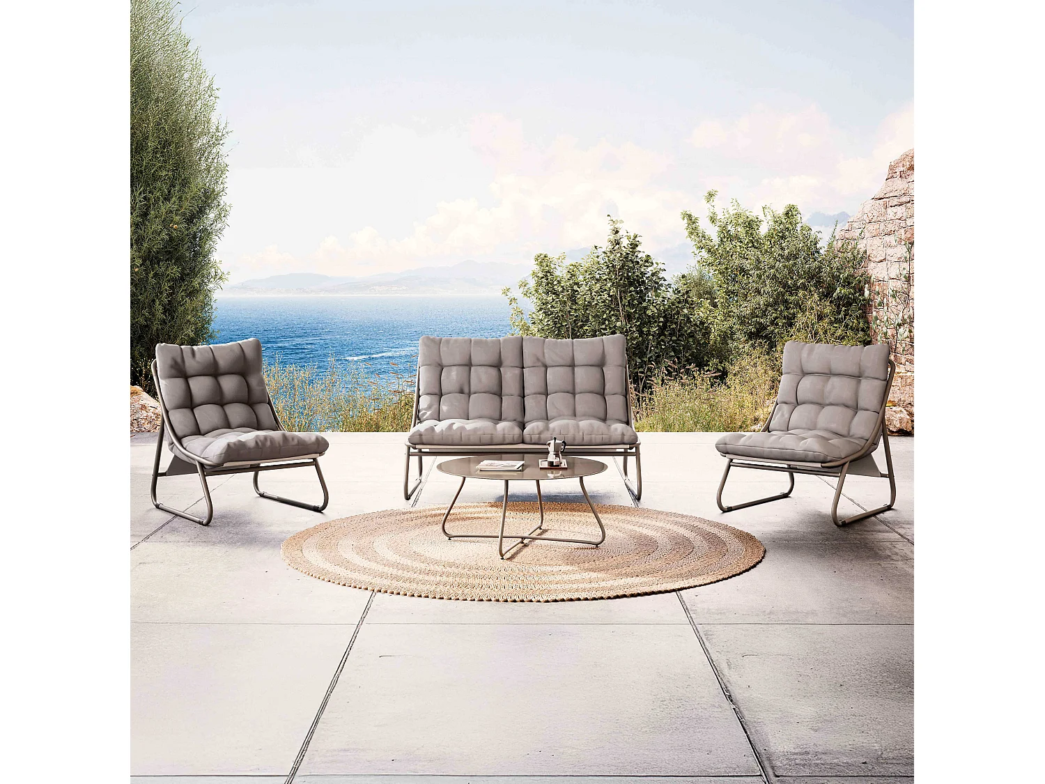 Salon de jardin bas 4 places en métal taupe