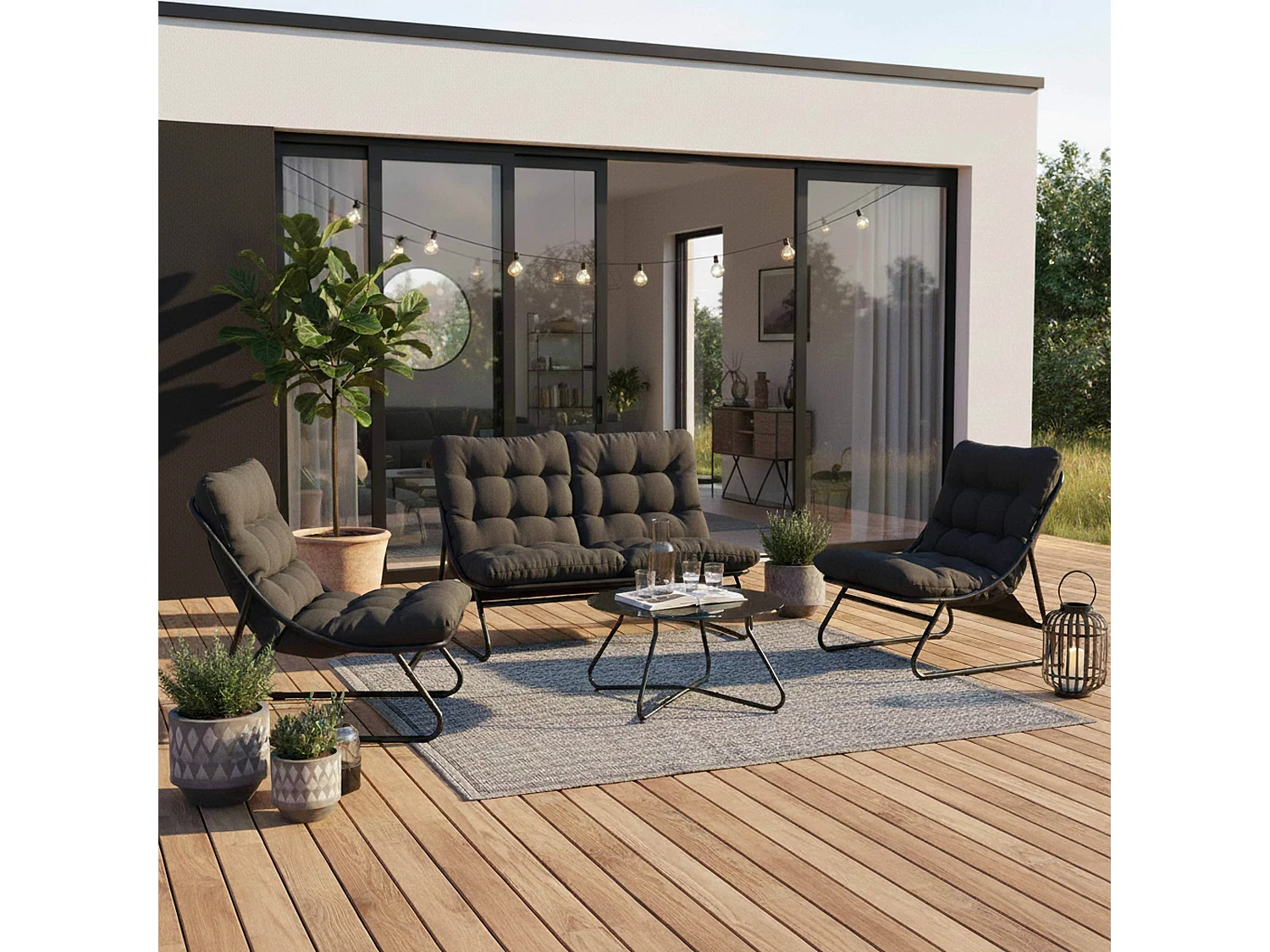 Salon de jardin bas 4 places en métal noir